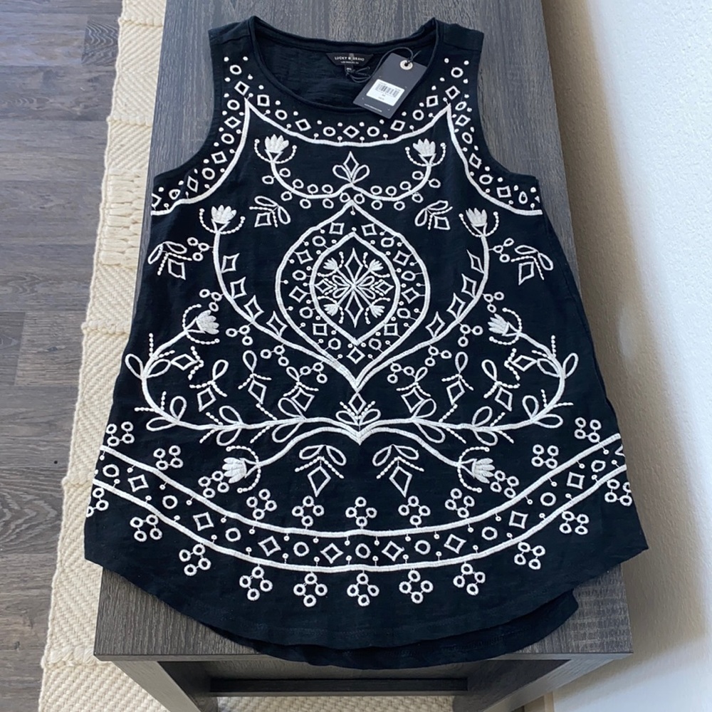 LUCKY BRAND Black and White Embroidered Tank Top NWT